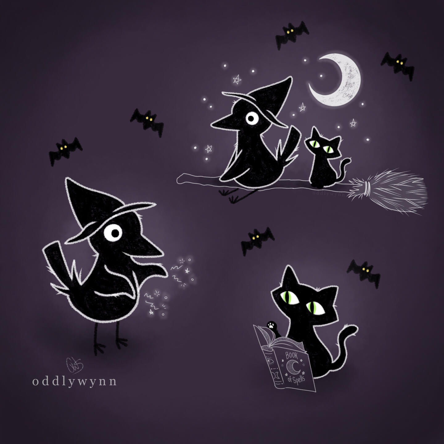 Witchy drawings of a bird and a cat. Flying on a broom, reading a spell book, and casting magic.