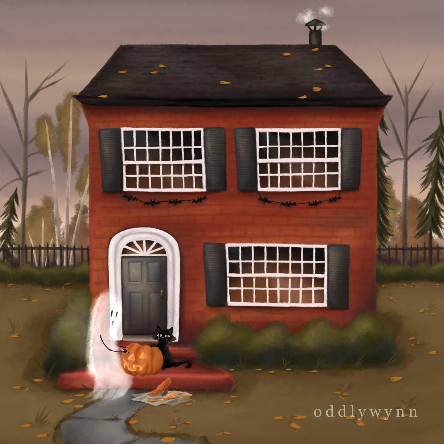 A ghost and a cat carve a jack-o-lantern on the stoop of a brick house.