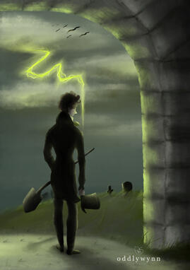 A man in 19th century clothing holds a shovel and looks mournfully over his shoulder as he faces a graveyard. A stormy sky lit by green lighting behind.