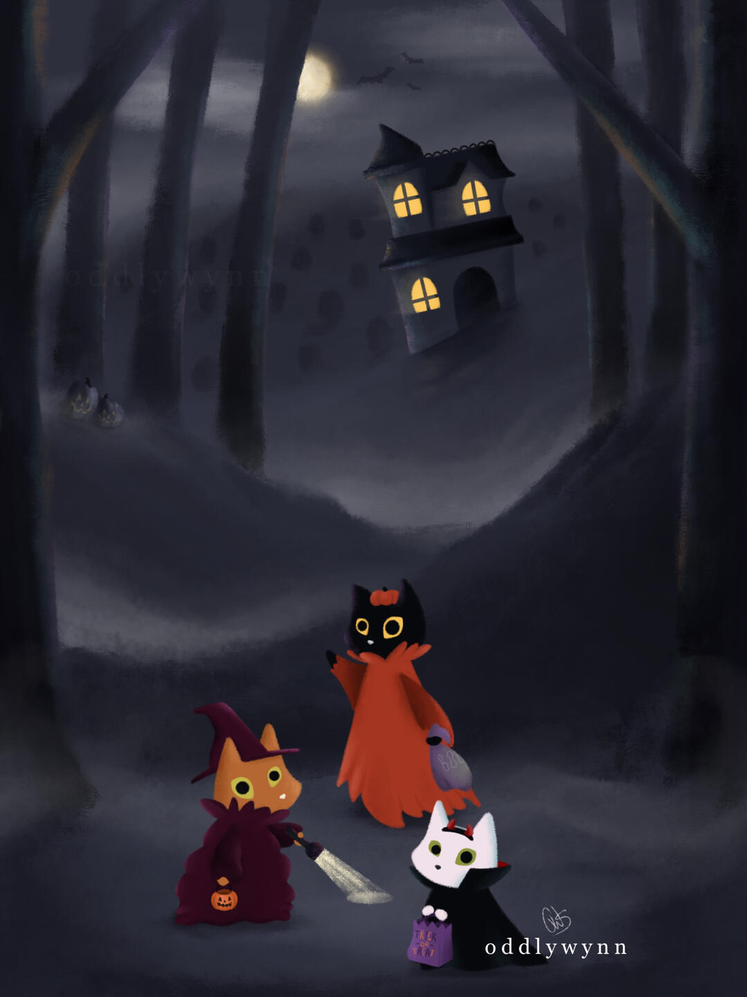 Three cats in Halloween costumes trick or treating. An old house sits on a misty hill with a graveyard behind it.